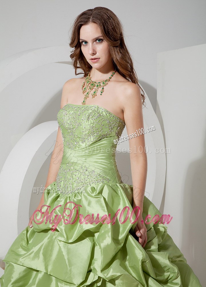 2013 Appliques Yellow Green Strapless Evening Dress