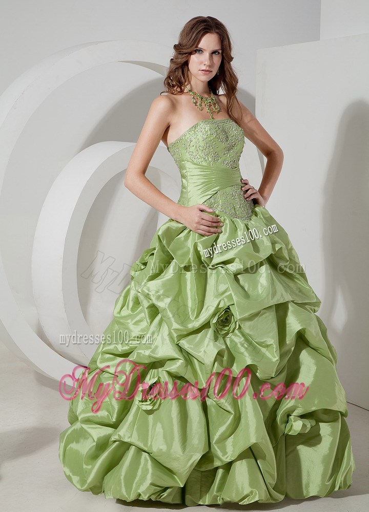 2013 Appliques Yellow Green Strapless Evening Dress