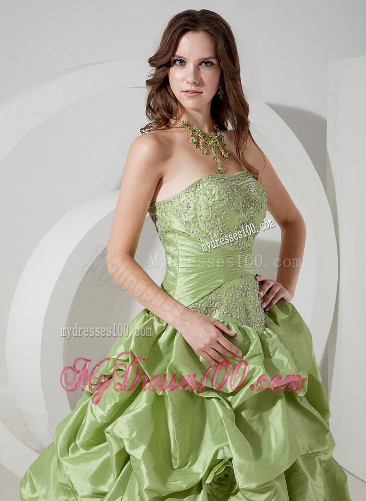 2013 Appliques Yellow Green Strapless Evening Dress