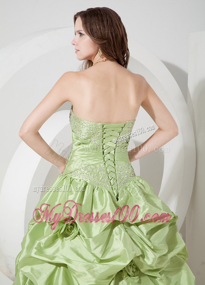 2013 Appliques Yellow Green Strapless Evening Dress