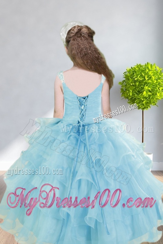 2016 Ball Gown Appliques and Ruffles Baby Bule Mini Quinceanera Dress with Straps