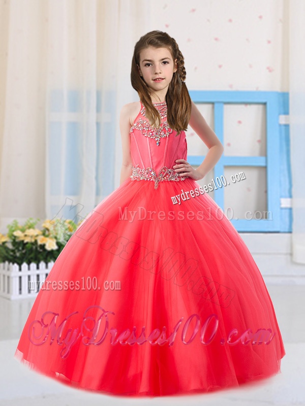 Beautiful Ball Gowns Scoop Tulle Coral Red Mini Quinceanera Dress with Beading