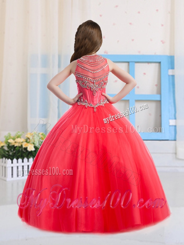 Beautiful Ball Gowns Scoop Tulle Coral Red Mini Quinceanera Dress with Beading