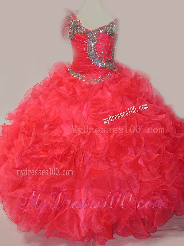CoraL Red Ball Gown V Neck Organza Beading Mini Quinceanera Dress with Lace Up