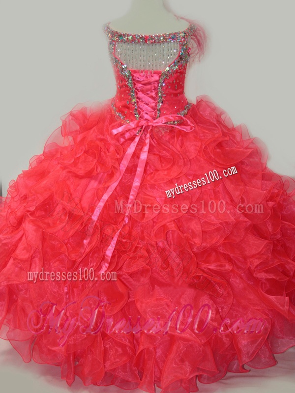 CoraL Red Ball Gown V Neck Organza Beading Mini Quinceanera Dress with Lace Up