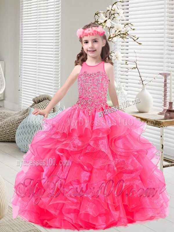 New Style Beaded and Ruffles Mini Quinceanera Dress in Hot Pink