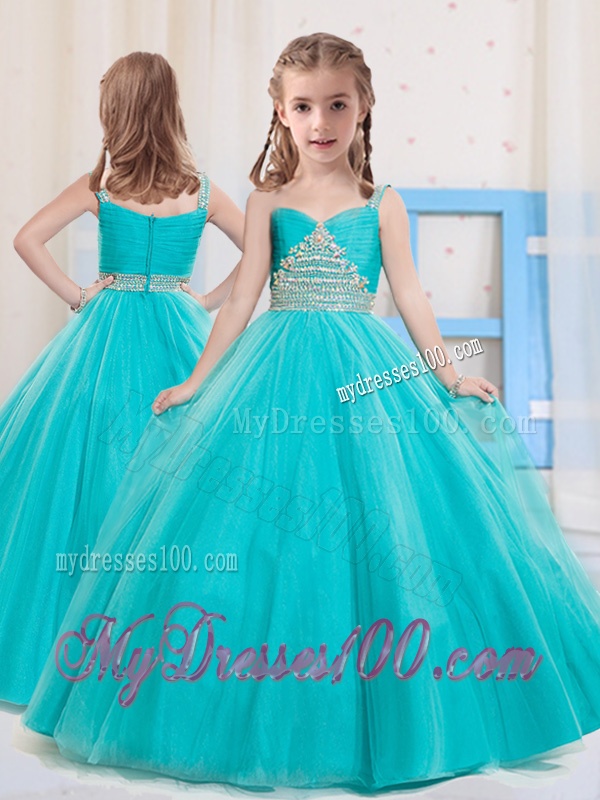 Princess Straps Floor Length Tulle Aqua Blue Mini Quinceanera Dress with Beading