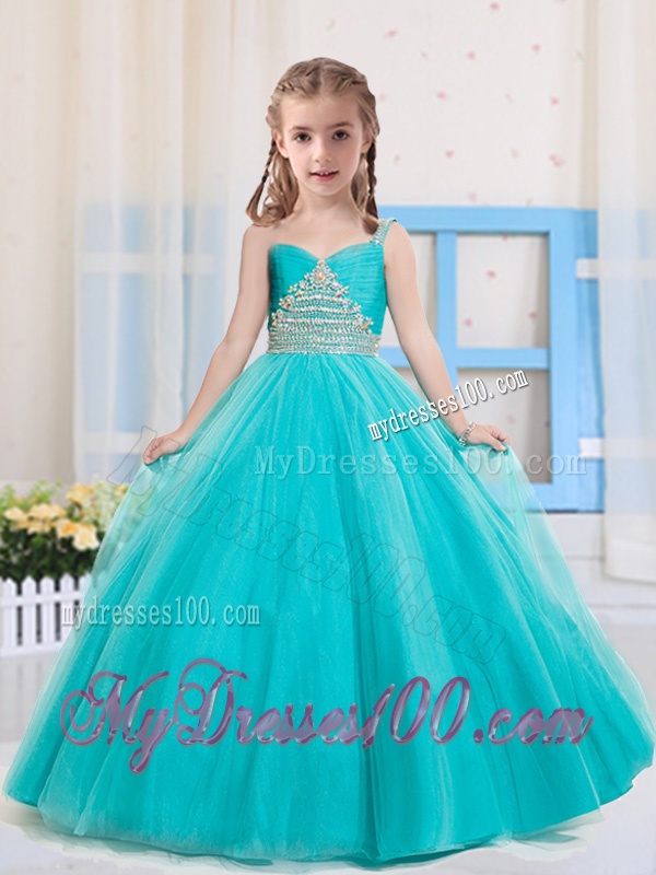 Princess Straps Floor Length Tulle Aqua Blue Mini Quinceanera Dress with Beading