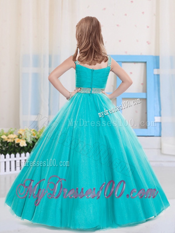 Princess Straps Floor Length Tulle Aqua Blue Mini Quinceanera Dress with Beading