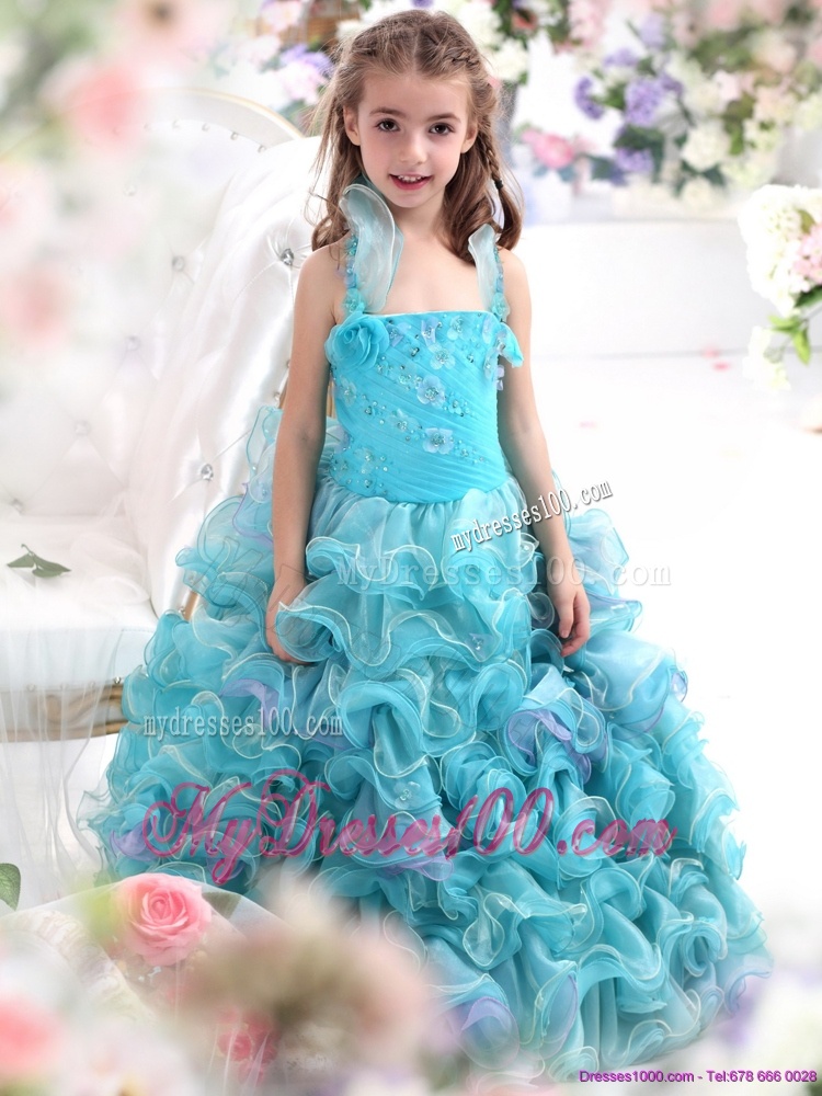 Straps Appliques and Ruffled Layers Mini Quinceanera Dress in Aque Blue