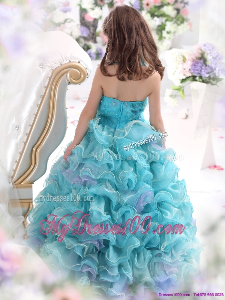 Straps Appliques and Ruffled Layers Mini Quinceanera Dress in Aque Blue