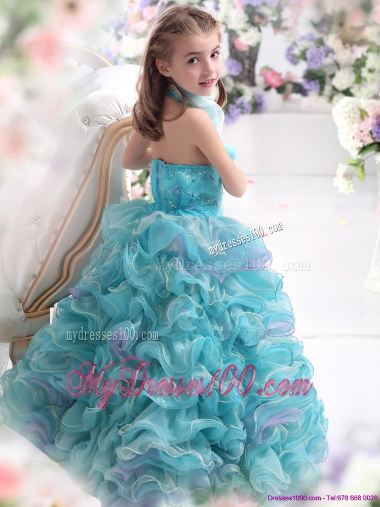 Straps Appliques and Ruffled Layers Mini Quinceanera Dress in Aque Blue