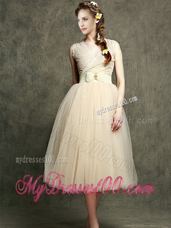 Cheap Champagne V Neck Bridesmaid with Belt and Bowknot