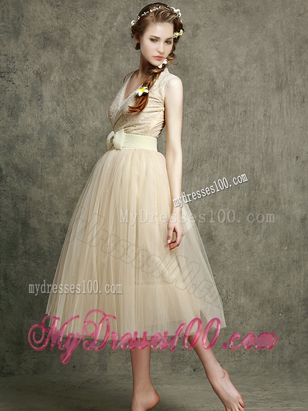 Cheap Champagne V Neck Bridesmaid with Belt and Bowknot