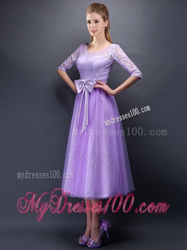 Cheap See Through Scoop Half Sleeves Bridesmaid Dress with Bowknot