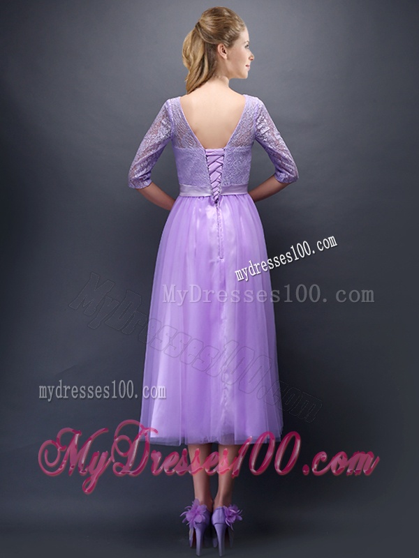 Cheap See Through Scoop Half Sleeves Bridesmaid Dress with Bowknot