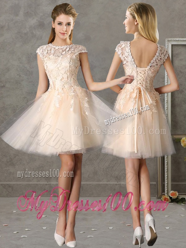 Classical Bateau Cap Sleeves Lace Bridesmaid Dress in Champagne