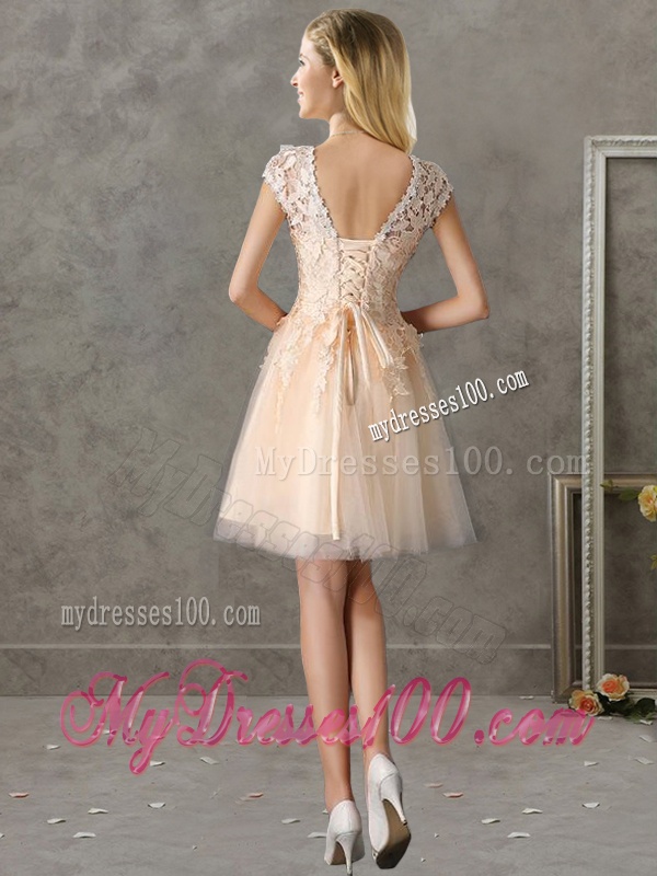 Classical Bateau Cap Sleeves Lace Bridesmaid Dress in Champagne