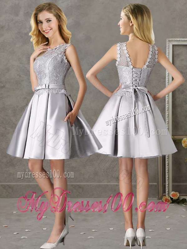 Classical Laced and Bowknot Scoop Bridesmaid Dress in Silver