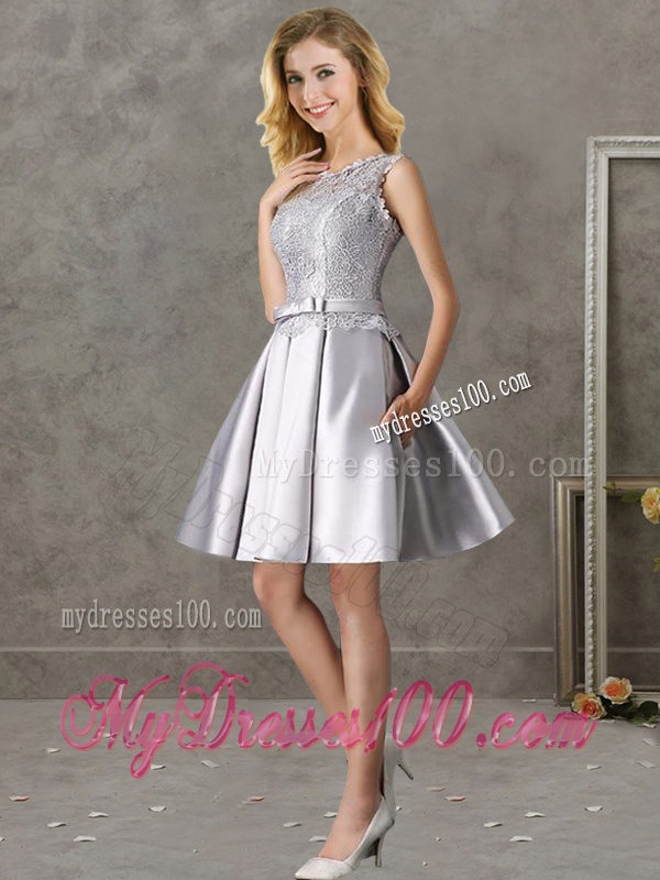 Classical Laced and Bowknot Scoop Bridesmaid Dress in Silver