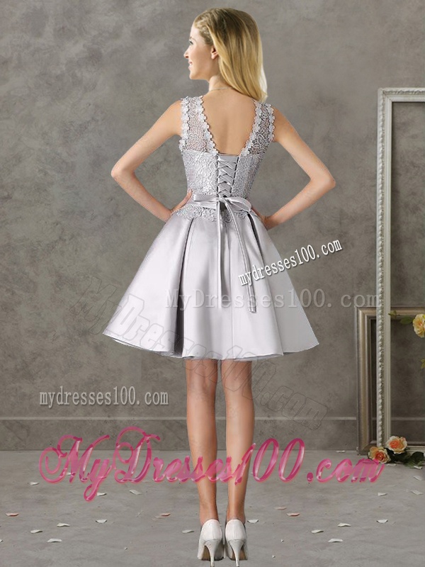 Classical Laced and Bowknot Scoop Bridesmaid Dress in Silver