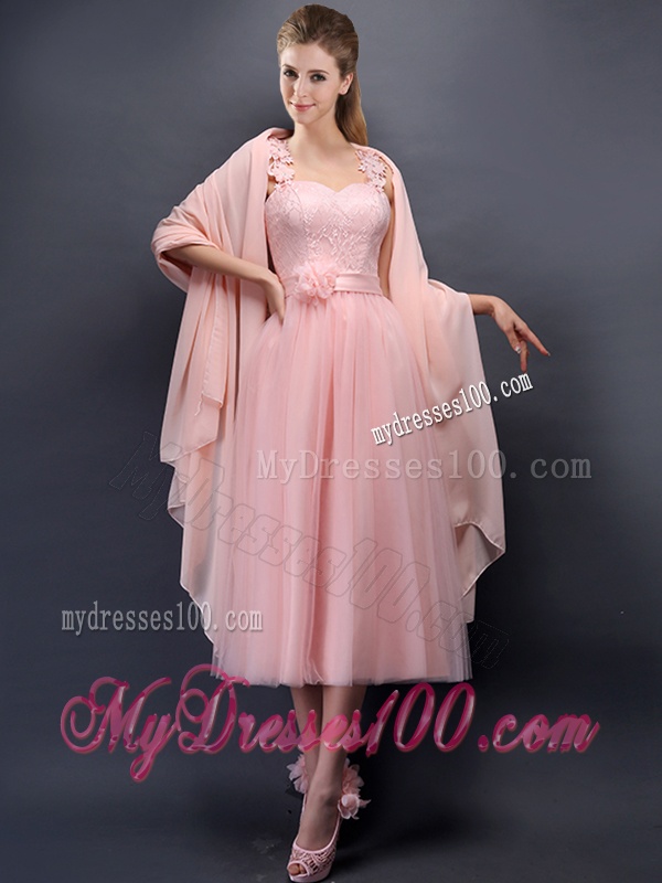 Classical Straps Baby Pink Bridesmaid Dress with Appliques and Hand Made Flowers