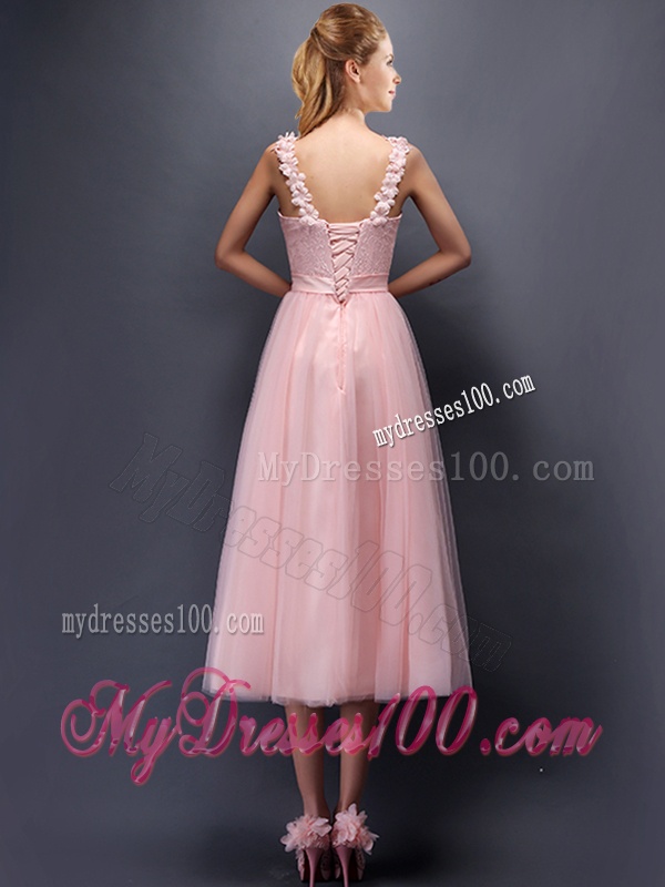 Classical Straps Baby Pink Bridesmaid Dress with Appliques and Hand Made Flowers
