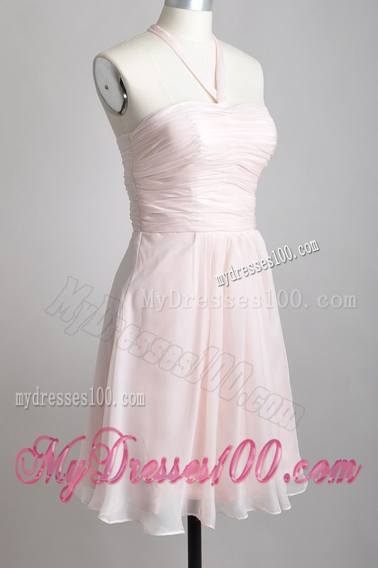 Cute Empire Chiffon Champagne Short Bridesmaid Dress with Halter Top