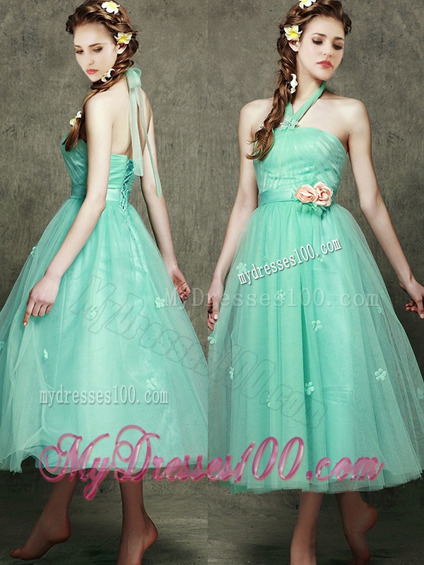 Discount Halter Top Bridesmaid Dress with Appliques and Hand Made Flowers