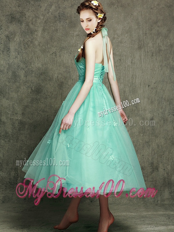 Discount Halter Top Bridesmaid Dress with Appliques and Hand Made Flowers