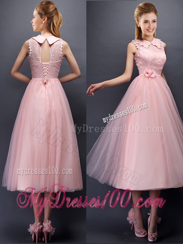 Discount Hand Made Flowers and Laced High Neck Bridesmaid Dress in Baby Pink