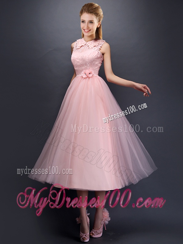 Discount Hand Made Flowers and Laced High Neck Bridesmaid Dress in Baby Pink