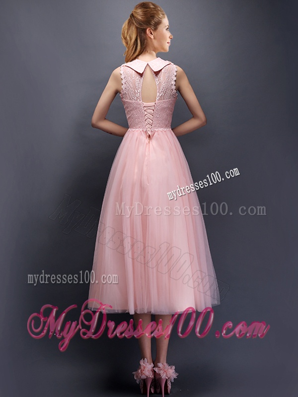 Discount Hand Made Flowers and Laced High Neck Bridesmaid Dress in Baby Pink