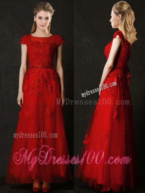 Elegant Empire Applique Red Bridesmaid Dress with Cap Sleeves
