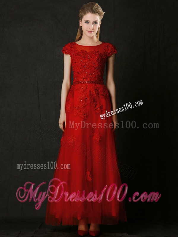 Elegant Empire Applique Red Bridesmaid Dress with Cap Sleeves