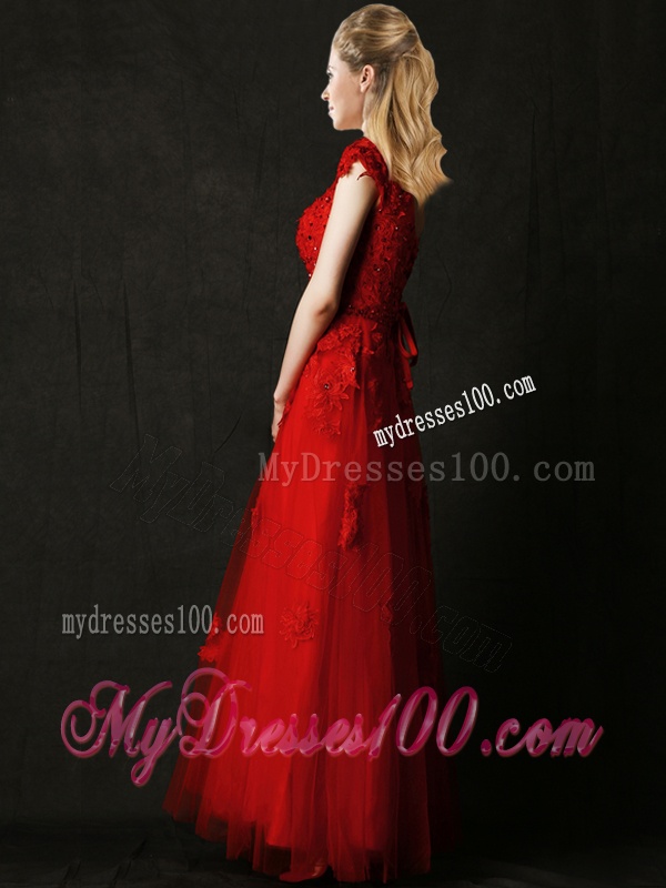 Elegant Empire Applique Red Bridesmaid Dress with Cap Sleeves
