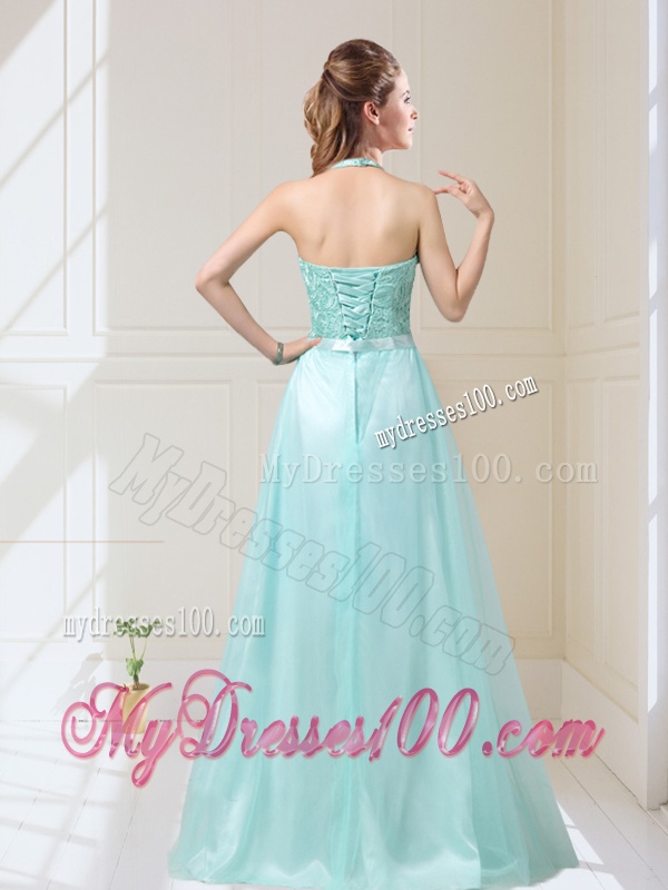 Elegant Empire Halter Top Laced Mint Bridesmaid Dresses with Sash