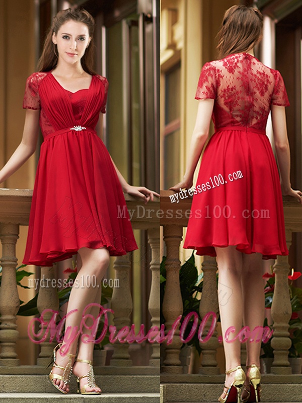Elegant See Through Back Red Short Bridesmaid Dress with Short Sleeves