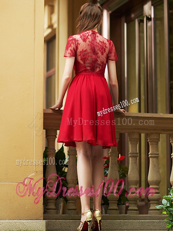 Elegant See Through Back Red Short Bridesmaid Dress with Short Sleeves