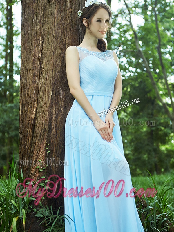 Elegant See Through Scoop Appliques Bridesmaid Dress in Light Blue