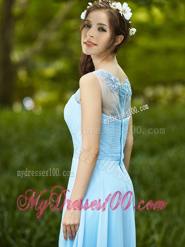Elegant See Through Scoop Appliques Bridesmaid Dress in Light Blue