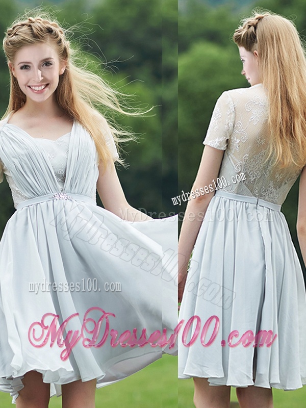 Elegant Sweetheart Short Sleeves Bridesmaid Dress with Belt and Lace
