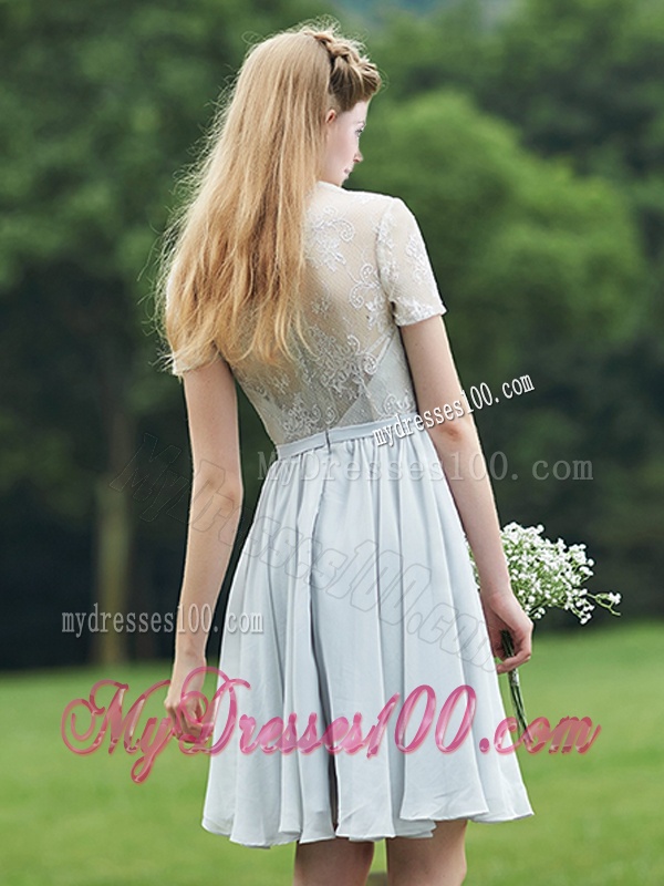 Elegant Sweetheart Short Sleeves Bridesmaid Dress with Belt and Lace
