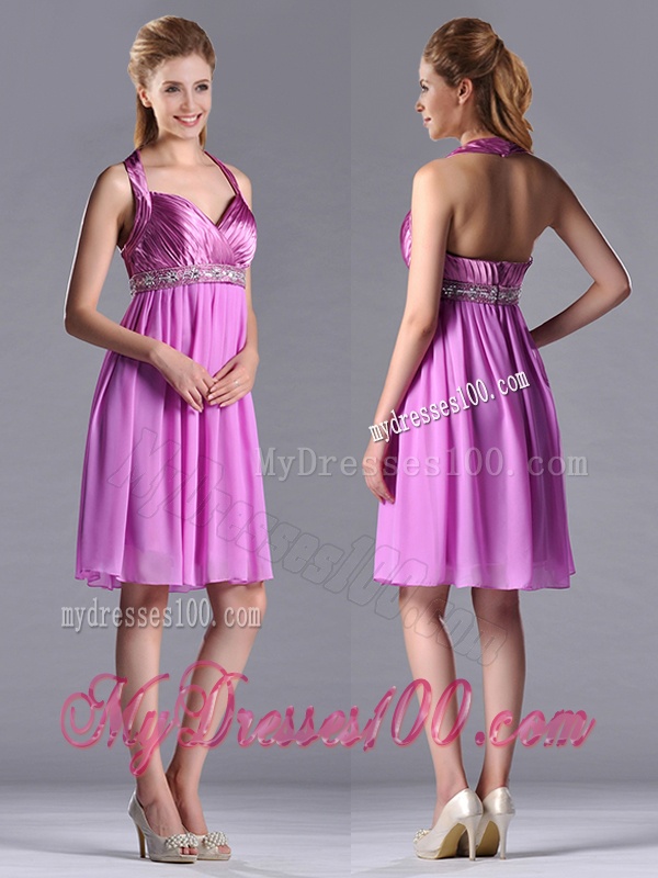 Empire Halter Knee-length Beaded Short Bridesmaid Dress in Lilac