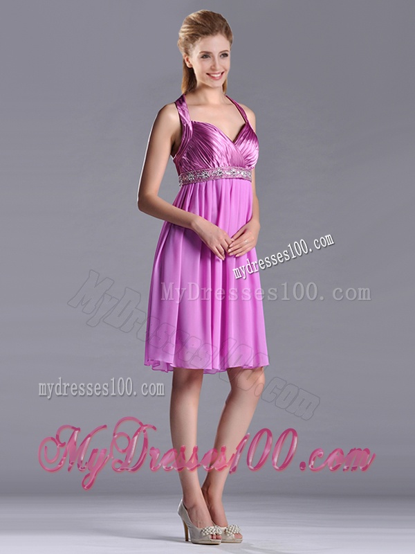 Empire Halter Knee-length Beaded Short Bridesmaid Dress in Lilac