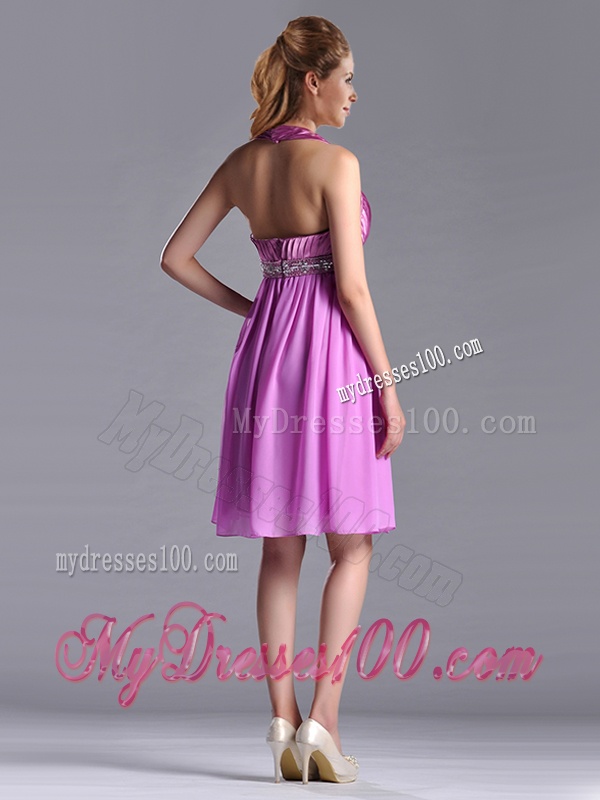 Empire Halter Knee-length Beaded Short Bridesmaid Dress in Lilac