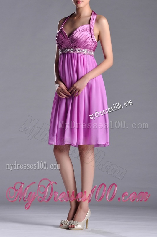 Empire Halter Knee-length Beaded Short Bridesmaid Dress in Lilac