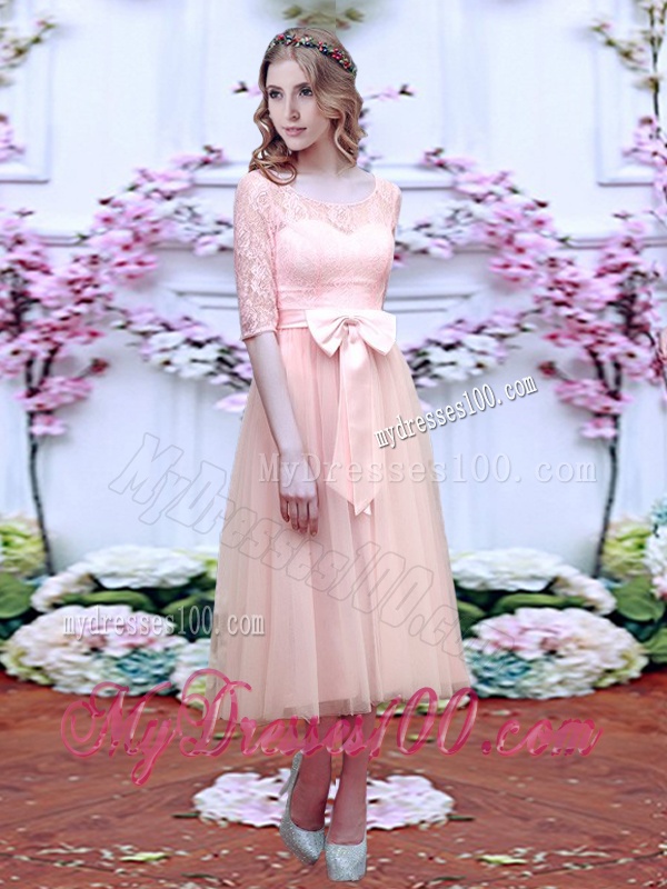 Fashionable See Through Scoop Half Sleeves Bridesmaid Dress with Bowknot