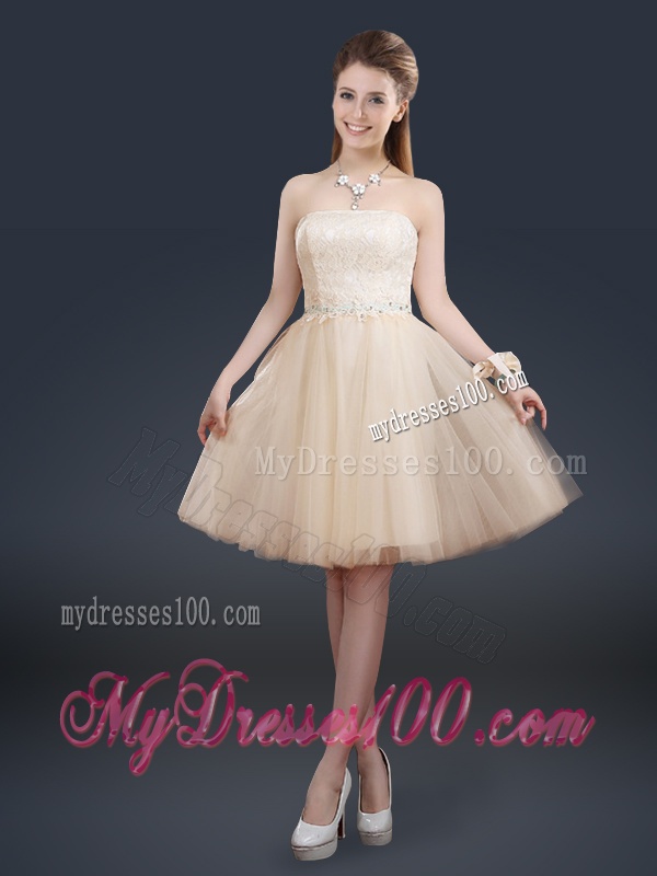 Fashionable Strapless Lace Champagne Bridesmaid Dresses