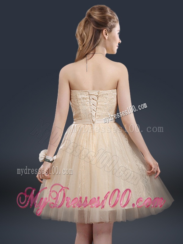 Fashionable Strapless Lace Champagne Bridesmaid Dresses